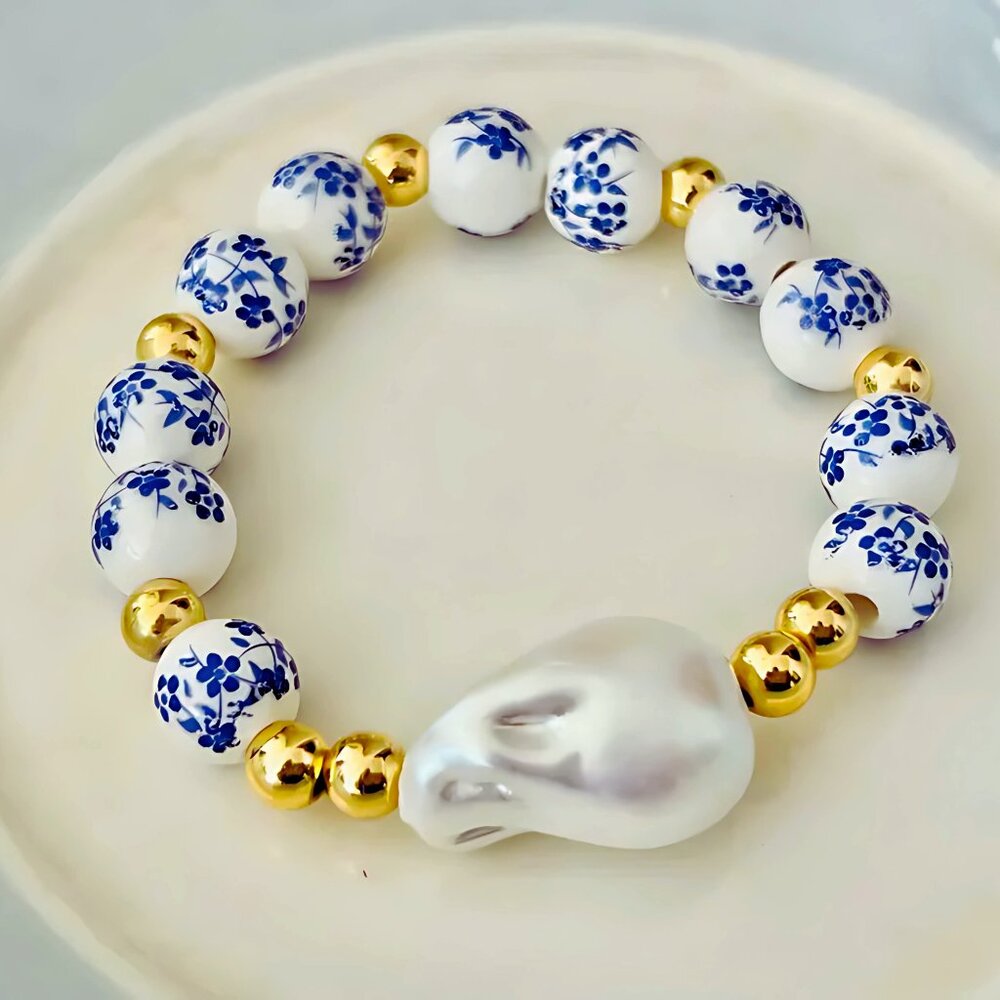 Flower & Pearl Coquette Core Stretch Bracelet 18K Gold Plated Vintage Vibe